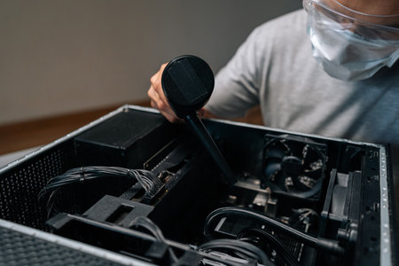 Computer technician wearing face mask and protective glasses using vacuum cleaner to remove dust and...