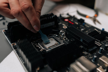 Close-up cropped shot of technician hands applying thermal paste to CPU of computer motherboard,...