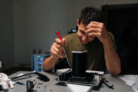 Smiling computer repair technician male installing CPU cooler onto motherboard with screwdriver,...