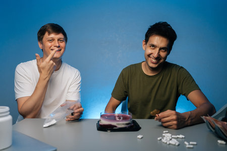 Two funny young male friends sitting at table with cake, money in studio with isolated blue...
