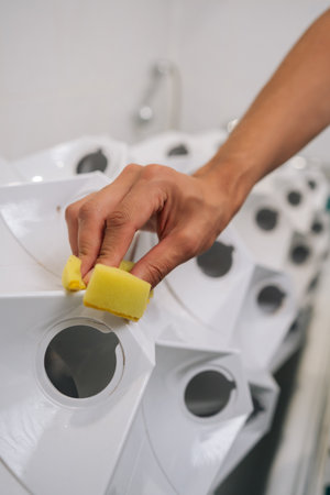 Vertical shot of gardener male cleaning vertical hydroponic tower garden with yellow sponge in modern setting, ensuring cleanliness and optimal growing conditions. Concept of home gardening.の写真素材