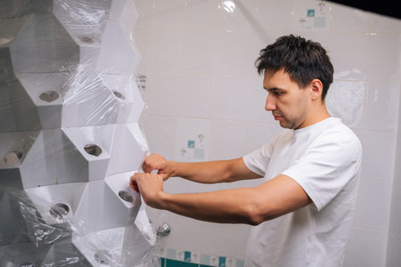 Side view of gardener unpacking vertical hydroponic gardening system tower in bathroom, preparing for installation and setting up for indoor cultivation of fresh produce. Concept of home gardening.の写真素材