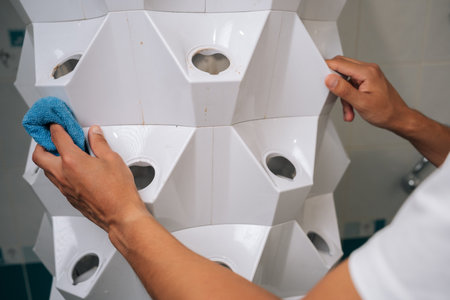 Close-up of unrecognizable gardener male cleaning white hydroponic system with rag, ensuring optimal conditions for plant growth in modern indoor garden setup, promoting healthy cultivation.の写真素材