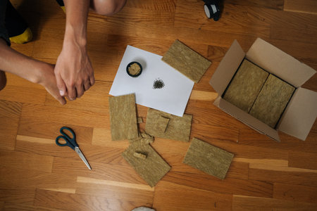 Gardener preparing rockwool cubes for seed starting in hydroponic tower garden, emphasizing...