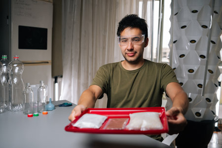 Plant researcher wearing safety glasses holds tray of various fertilizers, preparing for planting in vertical hydroponic tower, highlighting nutrient solutions in modern agriculture.の写真素材