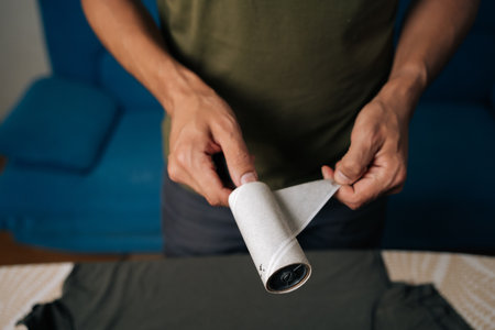 Close-up cropped shot of man peeling off used layer of sticky lint roller, preparing to clean...