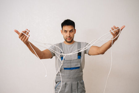 Portrait of frustrated electrician male wearing grey uniform holding bunch of tangled white...