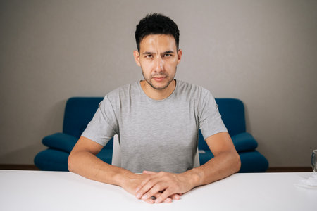 Indoor shot portrait of serious bearded man wearing casual gray t-shirt sitting at white table with...