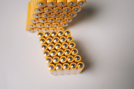 Staggered AAA batteries forming geometric zigzag pattern, positioned precisely across clean white background with subtle shadowing, nobody, no people, close-up.の写真素材