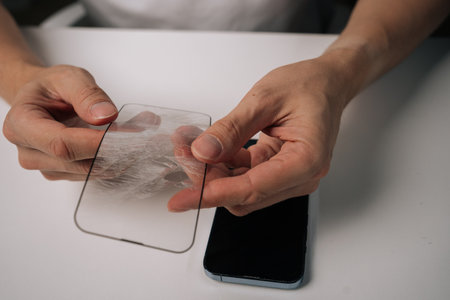 Technician male holding cracked tempered glass screen protector from smartphone. Revealing intact...