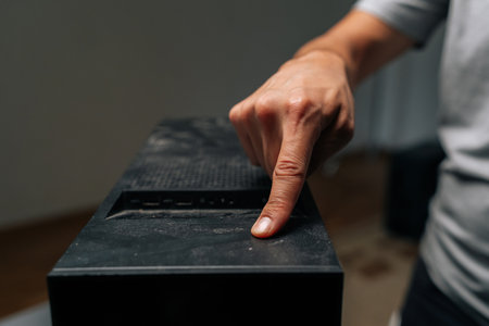 Close-up of technician finger indicating dust buildup on computer case surface, highlighting...