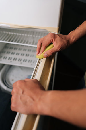 Vertical cropped shot of unrecognizable man cleaning refrigerator door seal with sponge, focusing on...