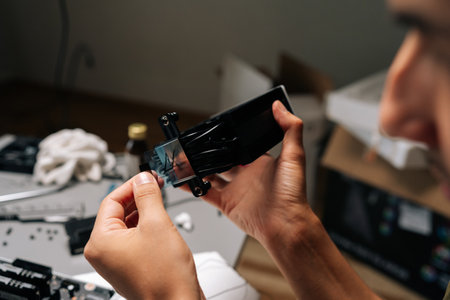 Close-up of computer technician installing new thermal paste on cooler during computer maintenance...