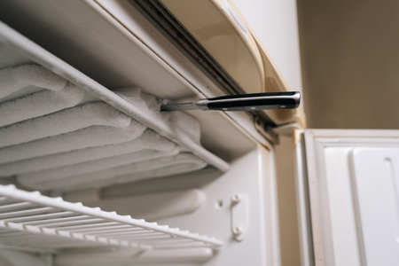 Knife scraping ice from inside of freezer compartment during manual defrosting process, highlighting need for regular maintenance to ensure efficient cooling, close-up, no people, nobody.の写真素材
