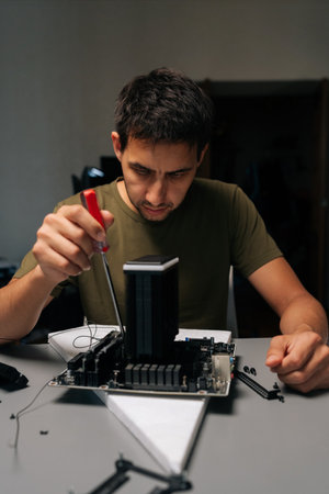 Vertical portrait of technician male installing CPU cooler onto motherboard with screwdriver,...