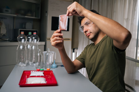 Skilled agronomist wearing safety glasses examining fertilizer packet while preparing to nourish plants in vertical hydroponic tower, surrounded by measuring equipment and recycled plastic bottles.の写真素材