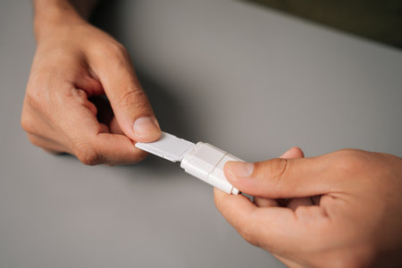 Closeup male hands inserting micro sd card into usb adapter, enabling data transfer and storage expansion on minimalist gray surface. Concept of computer hardwareの写真素材