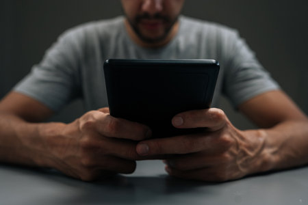 Cropped shot of man using e-reader device. Engrossed in reading ebook. Focusing on digital literature and online learning content. Concepts of concentrated study and modern education technology.の写真素材