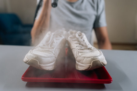 Close-up of male cleaning dirty white sneakers using steam cleaner, thoroughly removing grime and refreshing footwear for improved appearance and hygiene.の写真素材