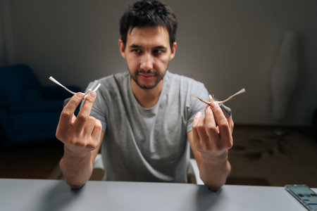 Portrait of young adult man holding and comparing clean new robot vacuum side brush in one hand and old, hair-tangled dirty brush in other. Concept of maintenance, replacement and performance loss.の写真素材