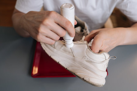 High-angle view of shoemaker using bottle of shoe whitener and painting scuffed surface of dirty white sneaker, illustrating process of cleaning, recoloring, and restoring footwear.の写真素材