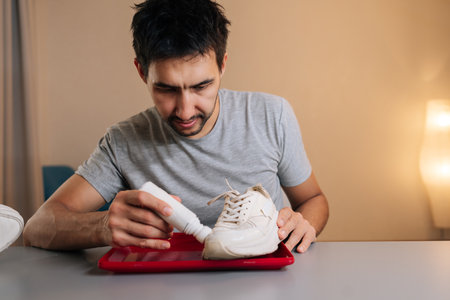 Portrait of skilled young shoemaker applying white protective paint to dirty sneaker, providing shoe care, renewal and restoration, cleaning footwear and demonstrating maintenance process.の写真素材