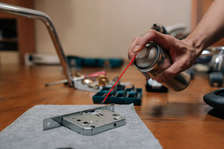 Close-up hand of handyman male applying lubricant from spray can onto disassembled door lock, conducting home improvement, repair and maintenance tasks for optimal functionality and longevity.の写真素材