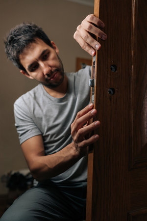 Man installing new door lock mechanism in modern home, providing security and ensuring proper home...