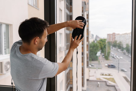 Back view of cleaning service employee mounting advanced window washing robot on skyscraper exterior, performing high-altitude maintenance with precision and safety technology.の写真素材