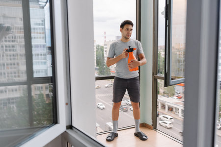 Portrait of young man wearing casual clothes spraying detergent on window in modern apartment, using...