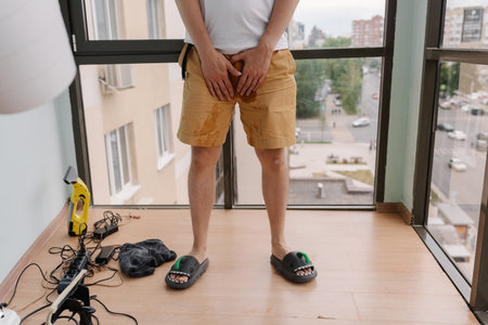 Close-up cropped shot of unrecognizable man clutching shorts, highlighting distress associated with...