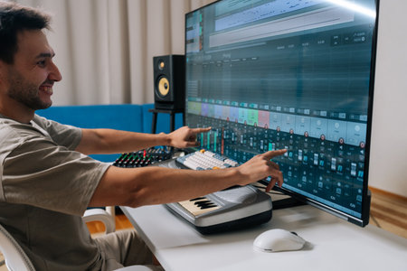 Cheerful sound engineer creating new music in home studio, arranging tracks and mixing audio levels with midi keyboard and software on a large display, showcasing modern music production.の写真素材