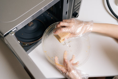 Close-up top view of female hands in disposable gloves cleaning microwave oven interior with yellow...