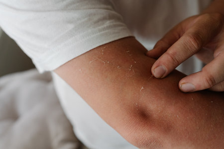 Painful sunburn causing skin peeling on male arm, highlighting risks of uv exposure and importance...