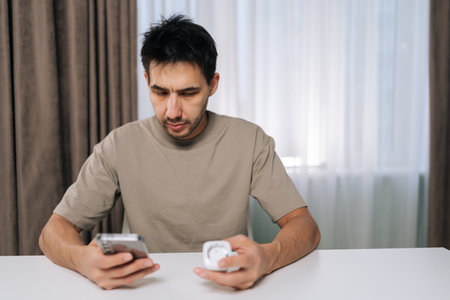 Man connecting smart home device using smartphone, looking at application settings, setting up and...