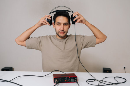 Podcaster male preparing to listen to audio through professional headphones connected to audio...