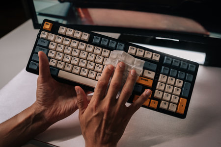 Man cleaning mechanical keyboard with disposable wipe, maintaining hygiene, ensuring germ-free...