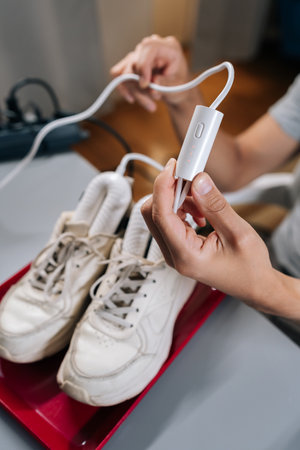 Vertical cropped shot of person plugging in portable electric shoe dryer to clean and dry white sneakers. Concept of footwear hygiene, maintenance, modern device technology for personal apparel care.の写真素材