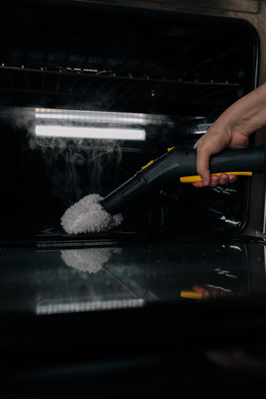 Close-up verticals shot of hand cleaning oven interior with steam cleaner, applying high-pressure vapor to remove grime and sanitize surfaces for thorough home kitchen maintenance and hygiene.の写真素材