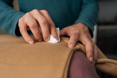 Man removing spot from fabric with cleaning cloth, performing delicate stain treatment on garment...