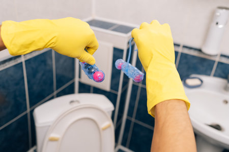 Close-up of person wearing yellow rubber gloves holding two toilet bowl fresheners over a toilet,...