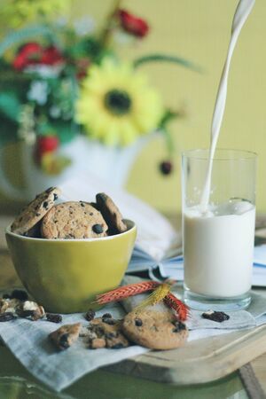 Tasty cookies or biscuits and milk, home comfortの写真素材
