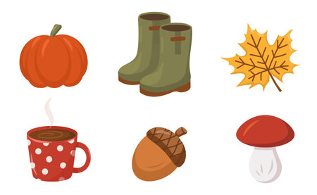 Autumn illustration with pumpkin, hot drink in cup, rubber boots, acorn, mushroom and autumn leaves. Cartoon vector illustrationのイラスト素材