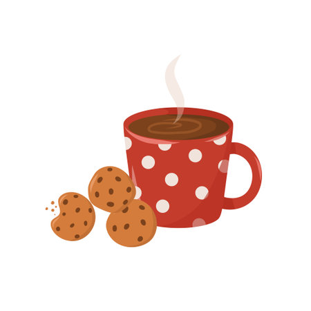 Ð¡up of hot tea, red polka dot coffee with cookies. Round cookies with chocolate chips. Cookie crumbsのイラスト素材
