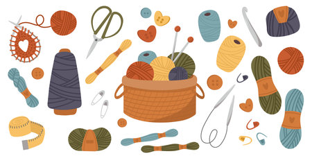 Knitting set. Yarn and threads, skein of wool, knitting needles, yarn basket, scissor. Needlework, tools for sewing and knitting collection. Flat vector illustration isolatedのイラスト素材