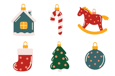 Set of decorations of different shapes: a ball, a house, a Christmas tree, a horse, a sock, a candy cane. Christmas tree decorations vector set isolated from background.のイラスト素材