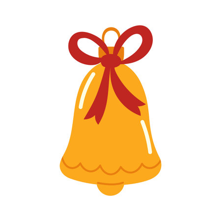 A glass Christmas tree ornament featuring a yellow bell and a red bow. A Christmas tree decoration.のイラスト素材