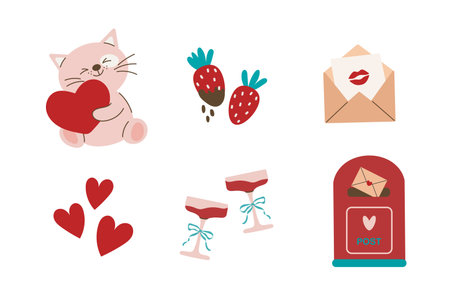 Valentines Day craft kit: plush cat, mailbox, letter, two wine glasses, hearts. Perfect for scrapbooking, greeting cards, party invitations, and gift tags.のイラスト素材