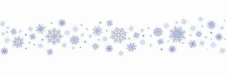 Winter border with light blue snowflakes on white background. Minimal festive garland for Christmas and New Year decoration. Frosty elegant design for banner.のイラスト素材