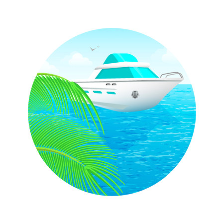 Summer landscape, a boat on the sea and palm branches in a circleのイラスト素材